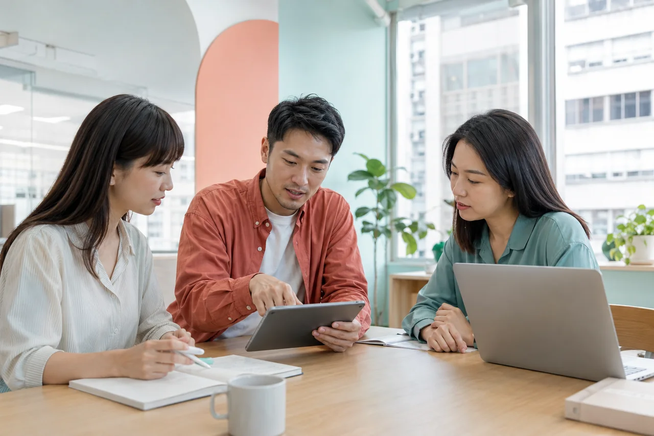 企業團隊在明亮辦公室共同檢視數位服務合約