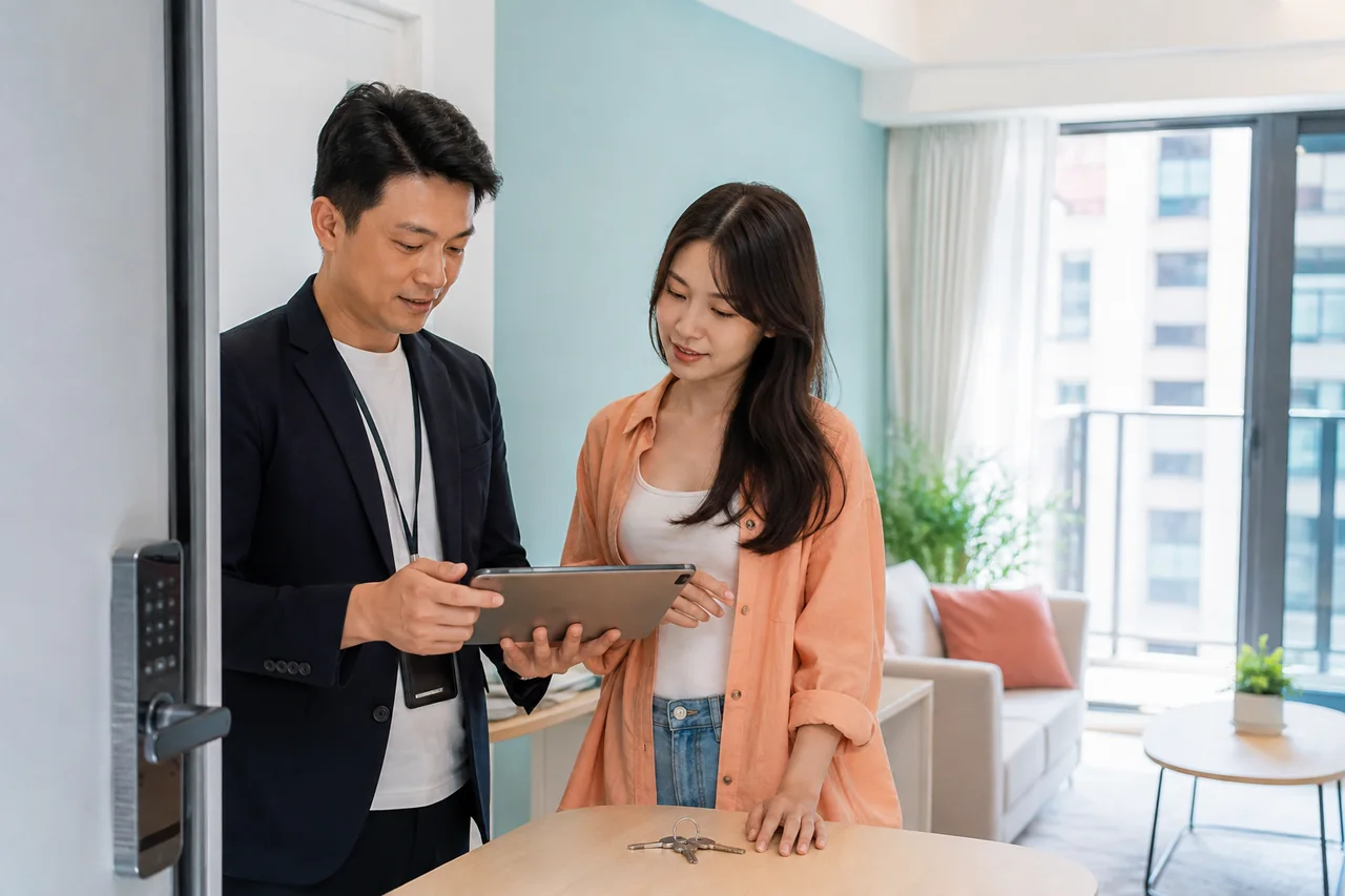 租賃管理人員與房客在公寓點交時確認平板文件