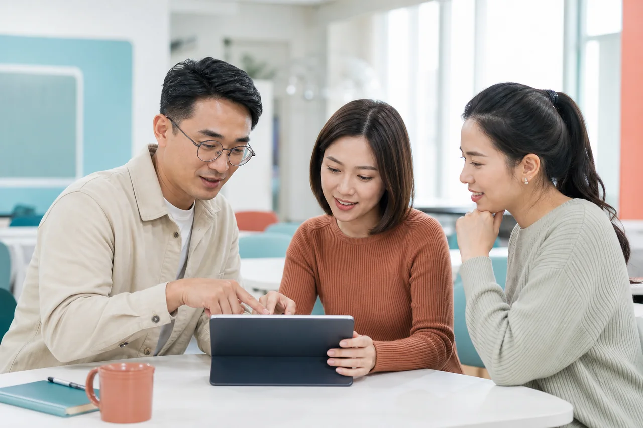 成人培訓講師與學員共同確認平板上的課程同意內容